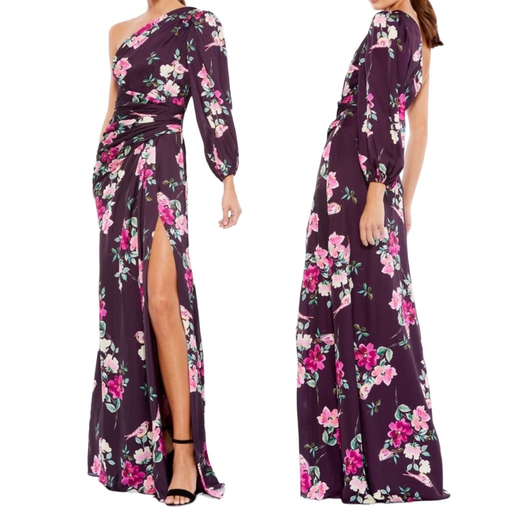 Mac Duggal | Ieena Floral One Shoulder Gown Purple Pink Size Small NWT